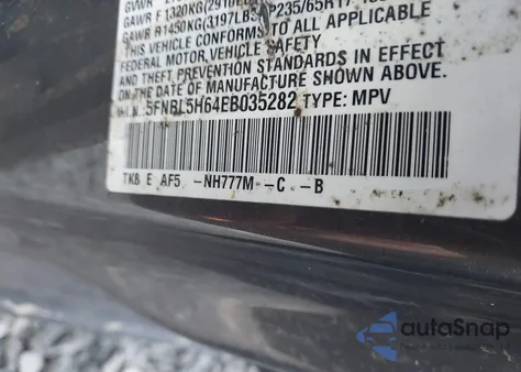 2014 Honda Odyssey Ex-L from USA, damaged, VIN 5FNRL5H64EB035282